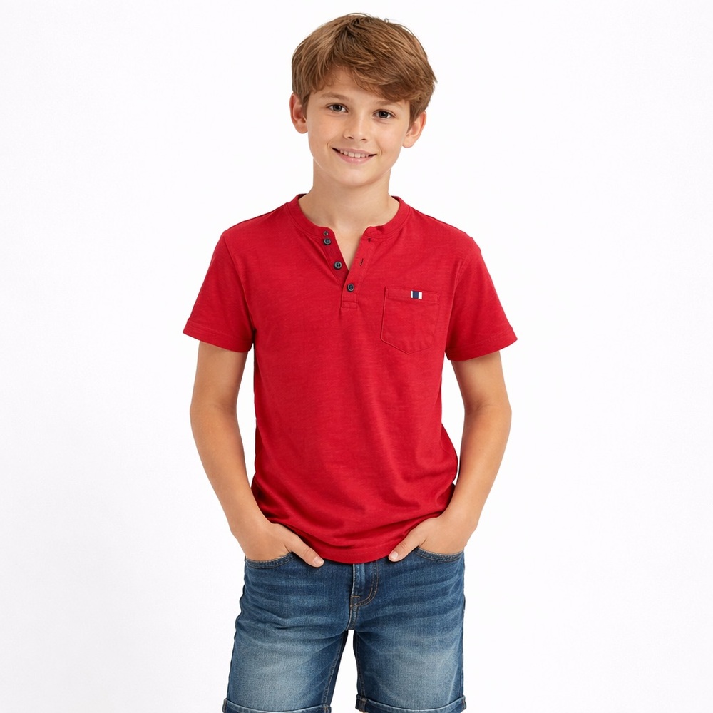 Boys Red Short-Sleeve Henley Pocket Tee